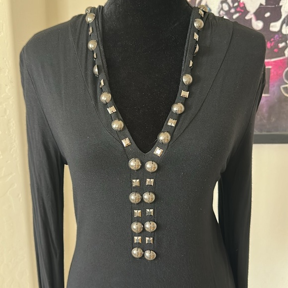 Sexy Black Studded Deep V-Neck Hoodie By Rain Size Large - Picture 3 of 11